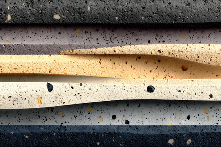 Abstract layers of textured surfaces in shades of black, gray, beige, and cream create a visually intriguing pattern. the speckled textures and flowing curves offer a modern and artistic design suitable for various creative projects. Generative AIの素材