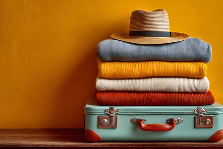 A neatly stacked array of vibrant sweaters topped with a straw hat sits on a vintage suitcase against a warm yellow background. perfect for travel and fashion design themes, emphasizing color harmony and style. Generative AIの素材