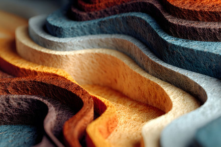 Artistic arrangement of multi-layered, textured colored paper creating an abstract, wavy pattern. the composition features warm and cool tones, emphasizing depth and movement, ideal for creative projects, design inspiration, and abstract art exploration. Generative AIの素材
