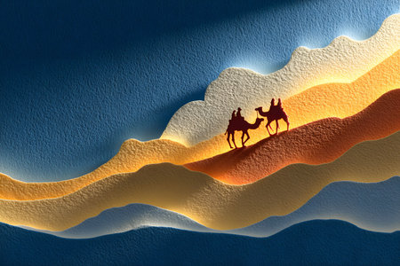 A stunning paper art design depicts two camel riders traversing a colorful desert landscape under a dynamic sunset sky. layered textures and vibrant hues create a captivating sense of depth and movement, ideal for cards or posters. Generative AIの素材