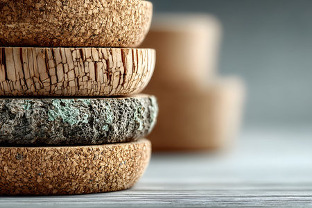 A close-up view of a stack of coasters, showcasing a variety of natural textures. cork and stone surfaces offer a rustic aesthetic, perfect for enhancing interior decor. the soft lighting highlights the intricate patterns and organic materials. Generative AIの素材