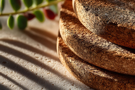 Sunlight casts intricate shadows from leaves over stacked cork discs, their rich textures. this composition emphasizes sustainable living and eco-friendly materials, perfect for design and creative projects. Generative AIの素材