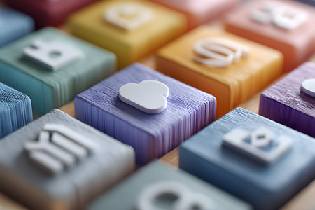 Vibrant 3d representation of social media icons with an abstract heart symbol in focus. the composition features a series of colorful stacked squares, each showcasing a different icon, set against a softly blurred background. Generative AIの素材