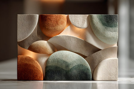 Earth-toned wall art features abstract, textured stucco forms in varying shades of brown, green, and ivory. the piece showcases smooth, flowing shapes with a play of light and shadow, perfect for contemporary interior design aesthetics. Generative AIの素材