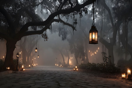 A misty forest pathway illuminated by hanging lanterns and scattered candle lights creates a magical atmosphere. the scene, enveloped in fog, features towering trees with lush foliage, evoking a sense of enchantment and mystery. Generative AIの素材
