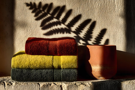 Sunlight casts a fern shadow over neatly stacked towels in warm autumn shades, accompanied by a rustic clay cup. the interplay of light and shadow evokes a sense of calm and cozy relaxation, perfect for home decor inspiration. Generative AIの素材