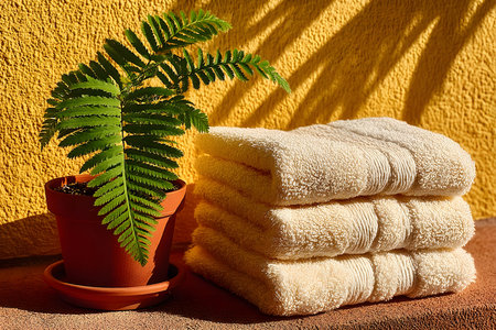 Freshly folded white towels stacked neatly beside a vibrant potted plant create a soothing spa-like atmosphere. the warm sunlight and textured yellow background contribute to a serene and inviting setting. Generative AIの素材