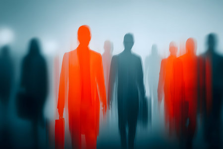 Blurred silhouettes of business professionals in motion symbolize modern corporate dynamics. the glowing red and blue tones add a futuristic touch, innovation and technology in today's business landscape. Generative AIの素材
