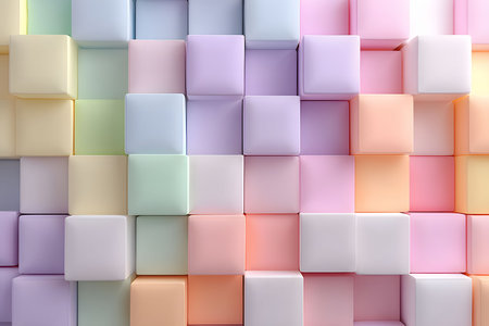 A seamless array of pastel-colored 3d cubes creates a textured pattern, perfect for modern design applications. the soft hues and geometric arrangement convey balance and serenity, enhancing visual appeal in digital and print media. Generative AIの素材