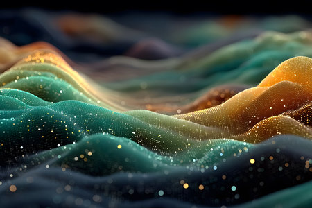 Abstract digital depiction of undulating waves with a vibrant multicolor gradient. the image features shimmering textures, creating a sense of fluid motion and dynamic energy, perfect for contemporary design, tech themes, or creative background use. Generative AIの素材