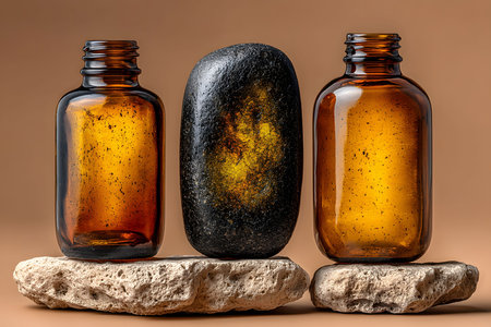 Two amber glass bottles stand elegantly on textured rocks, framing a dark, smooth stone centerpiece. the arrangement, set against a warm background, embodies tranquility and spa wellness, ideal for relaxation-themed designs. Generative AIの素材