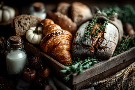 A charming assortment of artisan breads, including croissants and rustic loaves, beautifully displayed with herbs, small pumpkins, and chestnuts in a wooden crate. perfect for thanksgiving decor, harvest themes, or artisanal market promotions. Generative AIの素材
