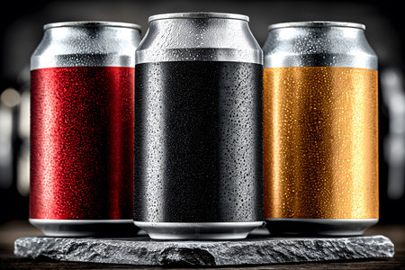 Three vibrant soda cans in red, black, and gold stand on a textured stone surface. each can is covered with droplets, creating a refreshing appearance. the setup is ideal for branding, advertising, or packaging design. Generative AIの素材
