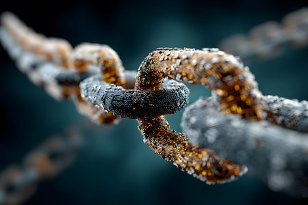 High-resolution macro image of metal chain links, digitally enhanced with a cybernetic aesthetic. the image emphasizes the strength and connectivity of the chain, symbolizing concepts such as technology, security, and networks. Generative AIの素材