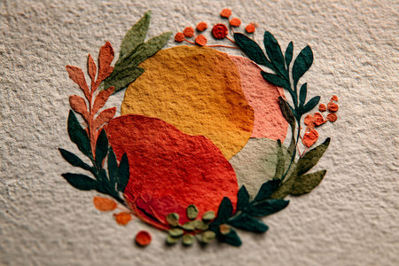 A vibrant autumn-themed wreath crafted from textured paper leaves in warm hues of orange, red, and green adorns a neutral background. the colorful leaf arrangement symbolizes the harvest season, perfect for seasonal design and decoration. Generative AIの素材