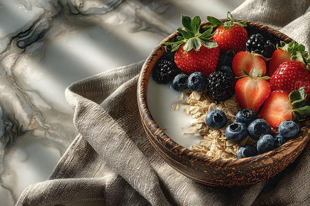 Fresh strawberries, blueberries, and blackberries accompany oats in a coconut shell bowl, placed on a linen cloth. the marble surface and natural lighting emphasize the rustic, wholesome aesthetics of the breakfast. Generative AIの素材