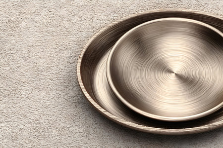 Top view of two nested wooden plates with a rich grain pattern, placed on a textured stone-like background. the minimalist design highlights natural materials, making it ideal for culinary presentations or enhancing interior decor. Generative AIの素材