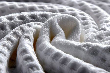 Close-up view of a luxurious white textured fabric showcasing intricate patterns and soft folds. ideal for textile design and patterns, offering a detailed look at the material's texture and quality. Generative AIの素材