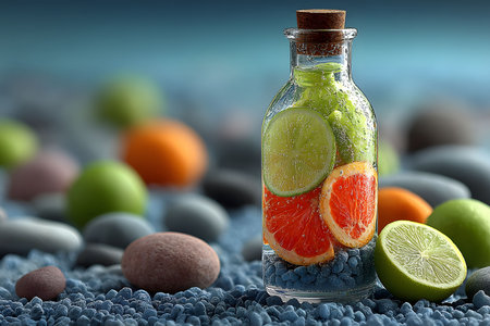 A glass bottle filled with vibrant citrus slices, including lime and orange, placed on a bed of blue beach pebbles. the colorful arrangement captures a refreshing, summery essence, ideal for relaxation themes or wellness promotions. Generative AIの素材