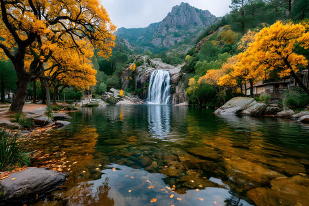 A serene waterfall cascades into a calm pool surrounded by vibrant autumn foliage and majestic mountains. the scenic beauty of the reflection creates a harmonious and peaceful atmosphere, ideal for nature-themed designs. Generative AIの素材