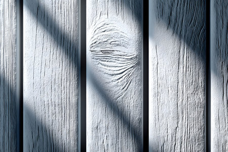 White wooden planks with distinctive grain patterns create a textured surface, enhanced by the interplay of light and shadow casting diagonal lines. ideal for rustic or natural-themed design elements. Generative AIの素材