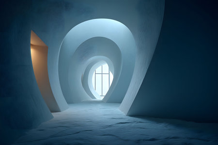 A striking futuristic hallway characterized by smooth, organic curves and an ethereal blue hue, illuminated with subtle lighting. the serene ambiance is enhanced by a single warm-lit door and a distant window. Generative AIの素材