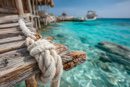 A rustic dock with a rugged rope overlooks crystal-clear turquoise waters, embodying a serene tropical escape. this coastal scene evokes relaxation, perfect for travel and vacation themes in design projects. Generative AIの素材
