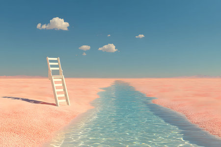 A surreal desert landscape features a lone white ladder ascending into the sky, beside a narrow, crystal-clear stream winding through pink sands. sparse clouds dot the expansive blue sky, enhancing the scene's dreamlike atmosphere. Generative AIの素材