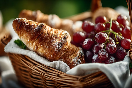 A wicker basket filled with golden croissants dusted with powdered sugar, nestled alongside a bunch of ripe red grapes, set against a soft-focus natural background, evokes a charming outdoor dining atmosphere. Generative AIの素材