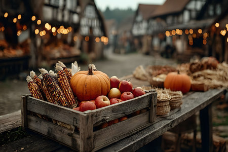A rustic wooden crate filled with autumnal bounty, including pumpkins and apples, set amidst a charming countryside market. the scene is illuminated by warm, glowing lights against traditional half-timbered houses, evoking a cozy, festive atmosphere. Generative AIの素材