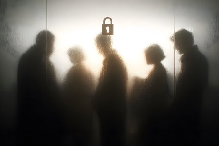 Silhouettes of five individuals standing behind frosted glass symbolize anonymity and privacy. a lock icon denotes data security and protection, aligning with themes of digital privacy in the modern tech landscape. Generative AIの素材
