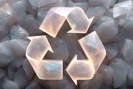 Luminescent crystal arrows form a recycling symbol atop a textured stone background, symbolizing sustainability and eco-friendly practices. ideal for eco-conscious design, promoting environmental awareness. Generative AIの素材