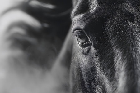 Monochrome close-up of a black horse, the detailed texture of its mane and eye. the soft focus background elevates its expressive gaze, making it ideal for elegant interior decoration or thematic designs. Generative AIの素材