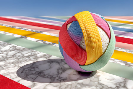 A creatively designed easter egg wrapped in bright, multicolored ribbons sits on a textured marble surface, surrounded by alternating colorful stripes against a clear blue sky, blending holiday spirit with modern art. Generative AIの素材