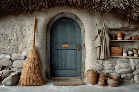 Weathered wooden door under a thatched roof, surrounded by rustic pottery and a traditional broom. the scene evokes a simple, rural lifestyle with earthy tones and natural textures, perfect for illustrating countryside or historical themes. Generative AIの素材
