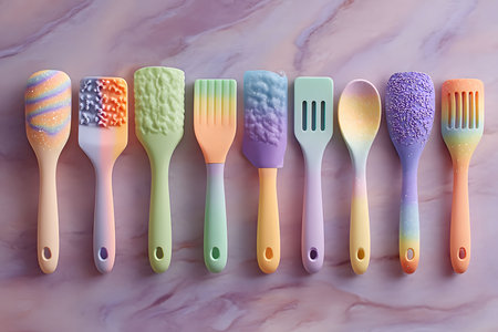 Brightly colored silicone kitchen utensils are arranged on a sleek marble surface. each spatula and spoon features unique textures and pastel hues, adding a vibrant touch to modern, functional kitchen spaces. Generative AIの素材