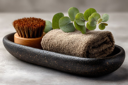 Tranquil spa setting featuring a natural bristle brush and eucalyptus leaves on a rolled towel, all placed in a smooth stone dish. perfect for promoting wellness, self-care, and relaxation concepts. Generative AIの素材