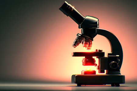 A classic microscope stands silhouetted against a vivid, fiery background, symbolizing scientific exploration and discovery. the warm glow enhances the focus on research and laboratory advancements in science and technology. Generative AIの素材