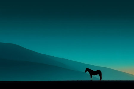 A horse stands silhouetted against a vast, serene mountain landscape under the twilight sky. the gradient hues of the horizon create a peaceful and contemplative atmosphere, the beauty of nature. Generative AIの素材