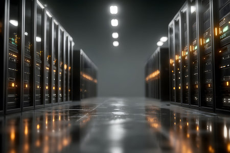 A sleek data center corridor featuring rows of illuminated server racks. the polished floor reflects the soft glow of lights, creating an atmosphere of advanced technology and efficiency. ideal for concepts of it infrastructure and digital connectivity. Generative AIの素材