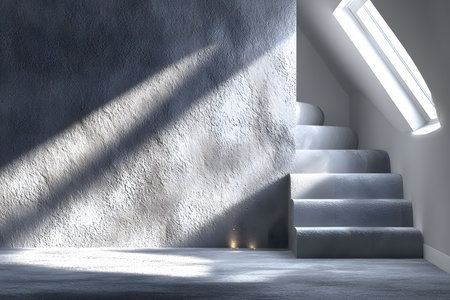 A minimalist interior featuring a textured wall and an elegantly lit staircase under a skylight. natural light streams in, casting soft shadows, and enhancing the serene ambiance of the space, emphasizing architectural simplicity. Generative AIの素材