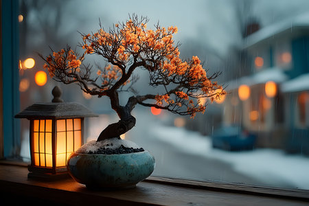 A serene bonsai tree beside a glowing lantern on a windowsill, a peaceful winter scene. snow gently falls outside, casting a warm and cozy ambiance perfect for tranquil home decor inspiration. Generative AIの素材