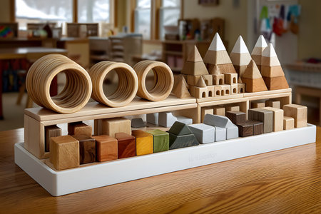 A wooden geometric toy set showcased in a montessori classroom, featuring various shapes like circles, pyramids, and cubes. designed to stimulate early childhood learning, creativity, and fine motor skill development. Generative AIの素材