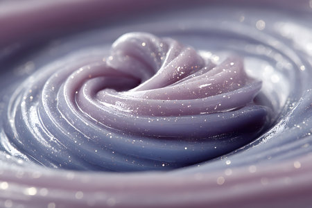 Glittering iridescent slime showcases mesmerizing swirling patterns in pastel purple and blue hues. the texture, enhanced by sparkling details, creates a visually captivating effect ideal for creative design applications. Generative AIの素材