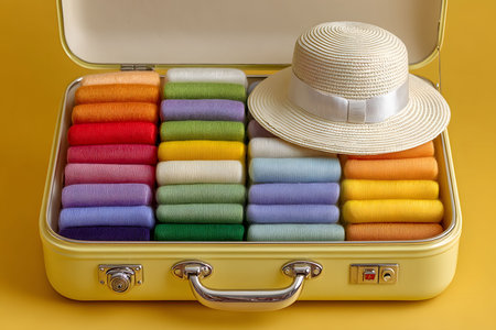 A neatly organized yellow suitcase filled with a rainbow of folded pastel towels, topped with a stylish woven sun hat, set against a matching yellow background. perfect for travel, organization, and summer vacation themes. Generative AIの素材
