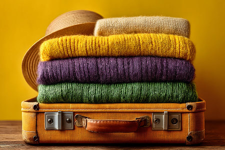 Vibrant stacks of warm, knitted sweaters in yellow, purple, and green are neatly placed in an open suitcase, complemented by a stylish hat. the scene evokes a sense of warmth, organization, and preparation for fall travel. Generative AIの素材