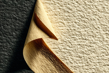 A close-up of textured paper showcasing a curled edge, intricate surface details. ideal for design inspiration or background use, emphasizing artistic textures and tactile qualities. Generative AIの素材