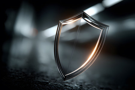 A futuristic metallic shield with a sleek, reflective surface stands prominently against a blurred background. the lighting highlights its contours, evoking themes of protection, security, and strength in a digital or technological context. Generative AIの素材