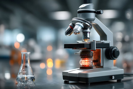 Advanced laboratory scene featuring a modern microscope and a glass beaker. the setting is a state-of-the-art research lab, emphasizing scientific inquiry, innovation, and technology in a professional environment. Generative AIの素材