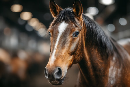 A close-up view of a brown horse with a white blaze on its forehead, set against a softly blurred stable interior. the horse's attentive expression and shining coat stand out, its elegance and strength in a serene environment. Generative AIの素材